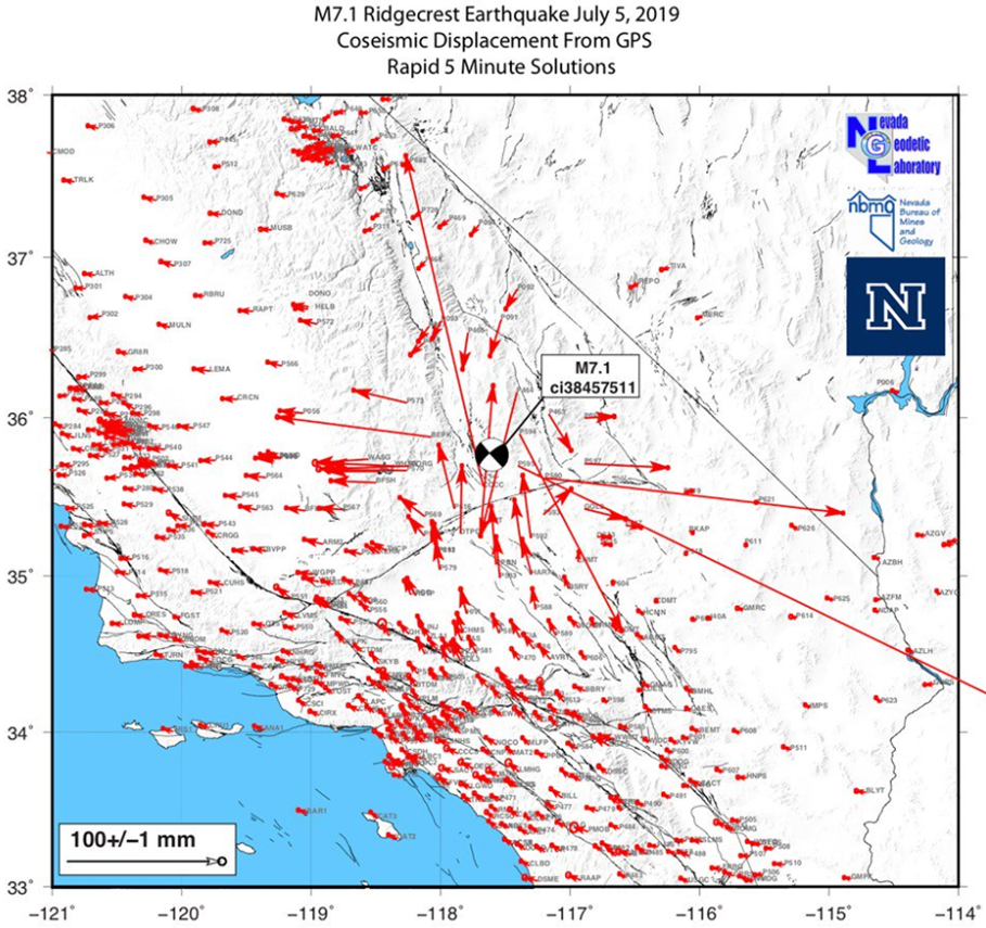 圖片中說明Ridgecrest 地震發生五分鐘內的同震地表位移圖